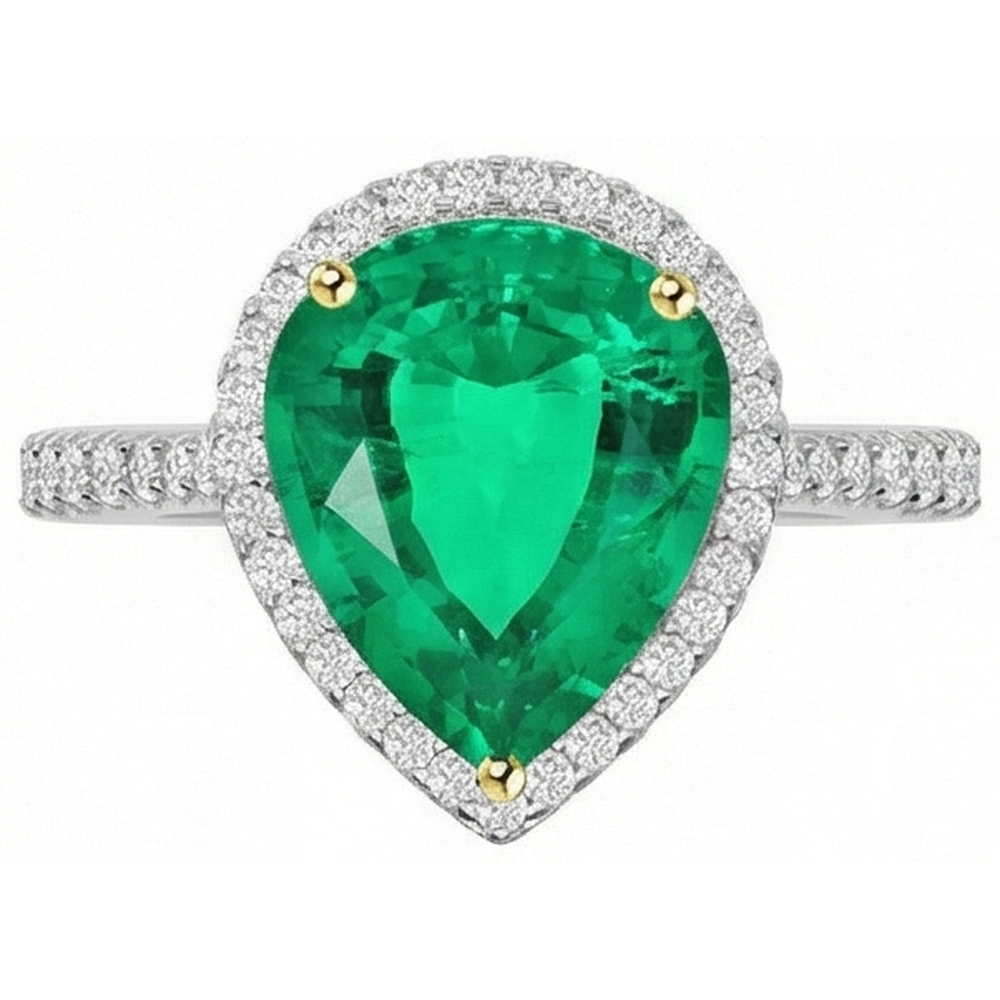 Pear Cut Fine Emerald ring in Two-Tone 14K Gold – front view