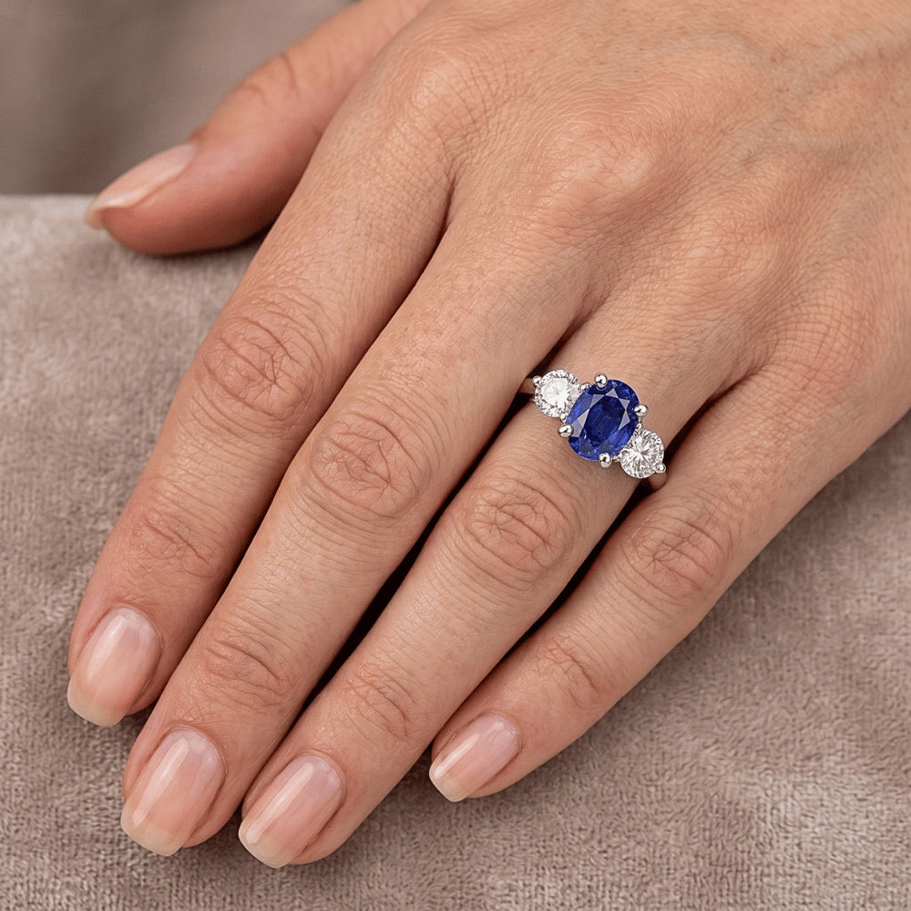 Three Stone Anniversary Ring Oval Deep Blue Sapphire 3.50 Carats