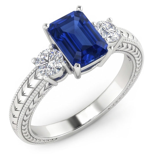Three Stone Antique Style Emerald Sri Lankan Sapphire Ring 1.75 Carats