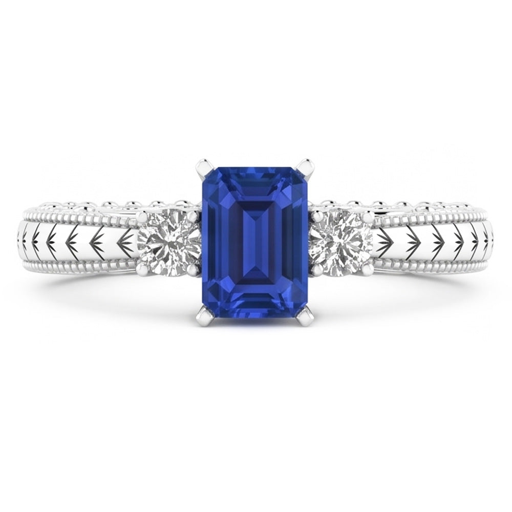 Three Stone Antique Style Emerald Sri Lankan Sapphire Ring 1.75 Carats