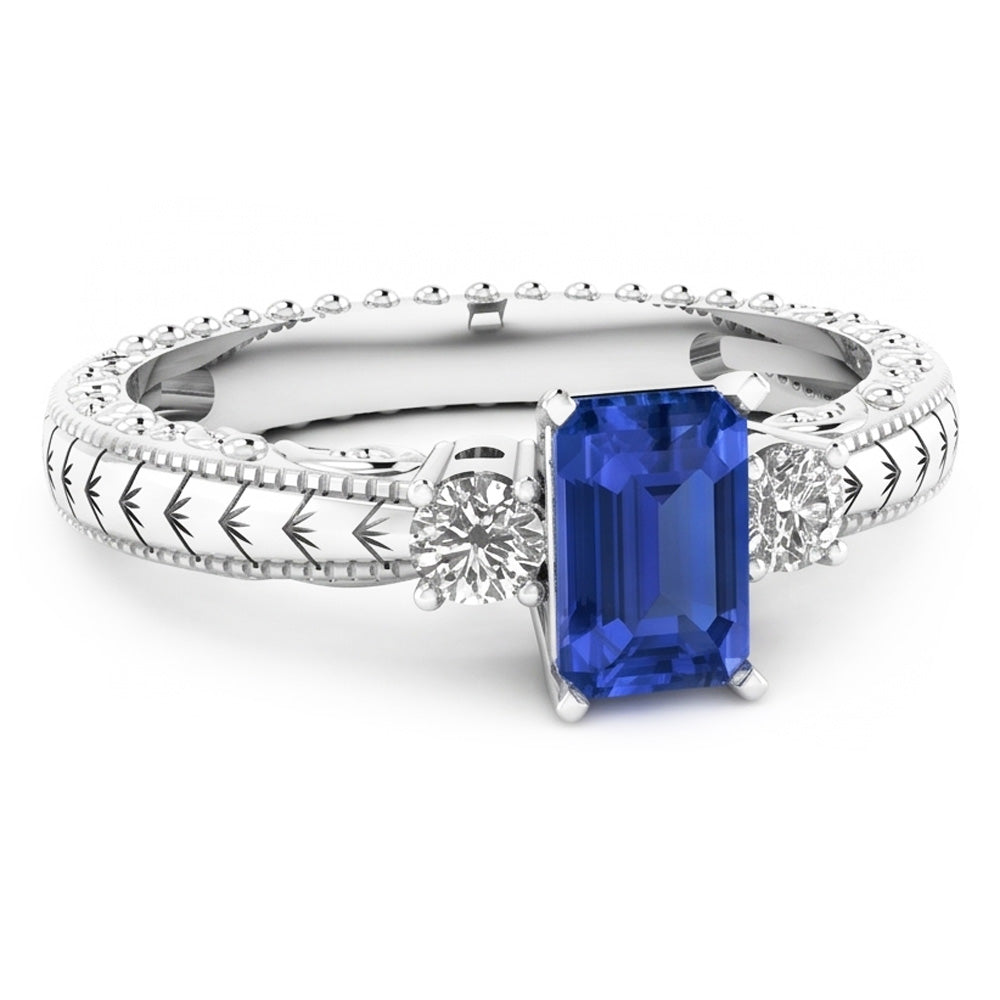 Three Stone Antique Style Emerald Sri Lankan Sapphire Ring 1.75 Carats