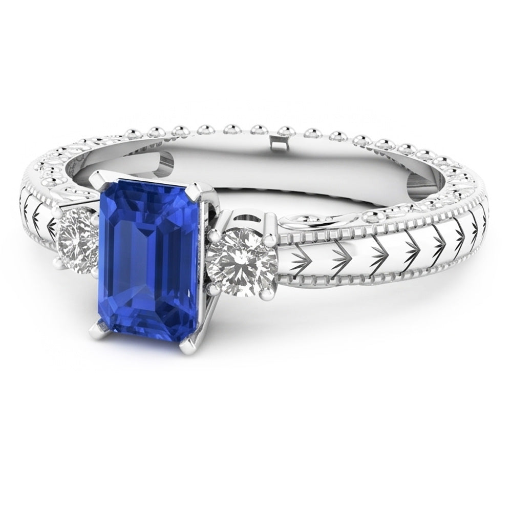 Three Stone Antique Style Emerald Sri Lankan Sapphire Ring 1.75 Carats