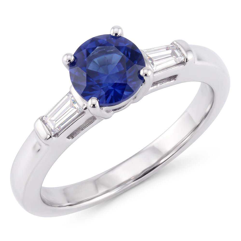 Three Stone Baguette Natural Earth Mined Diamond ( Not Lab Grown ) & Round Blue Sapphire Ring 2.25 Carats
