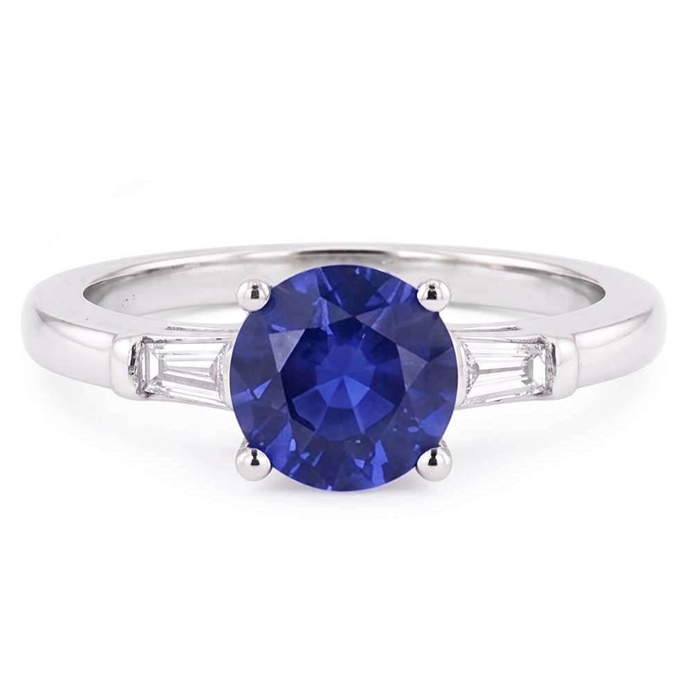 Three Stone Baguette Natural Earth Mined Diamond ( Not Lab Grown ) & Round Blue Sapphire Ring 2.25 Carats
