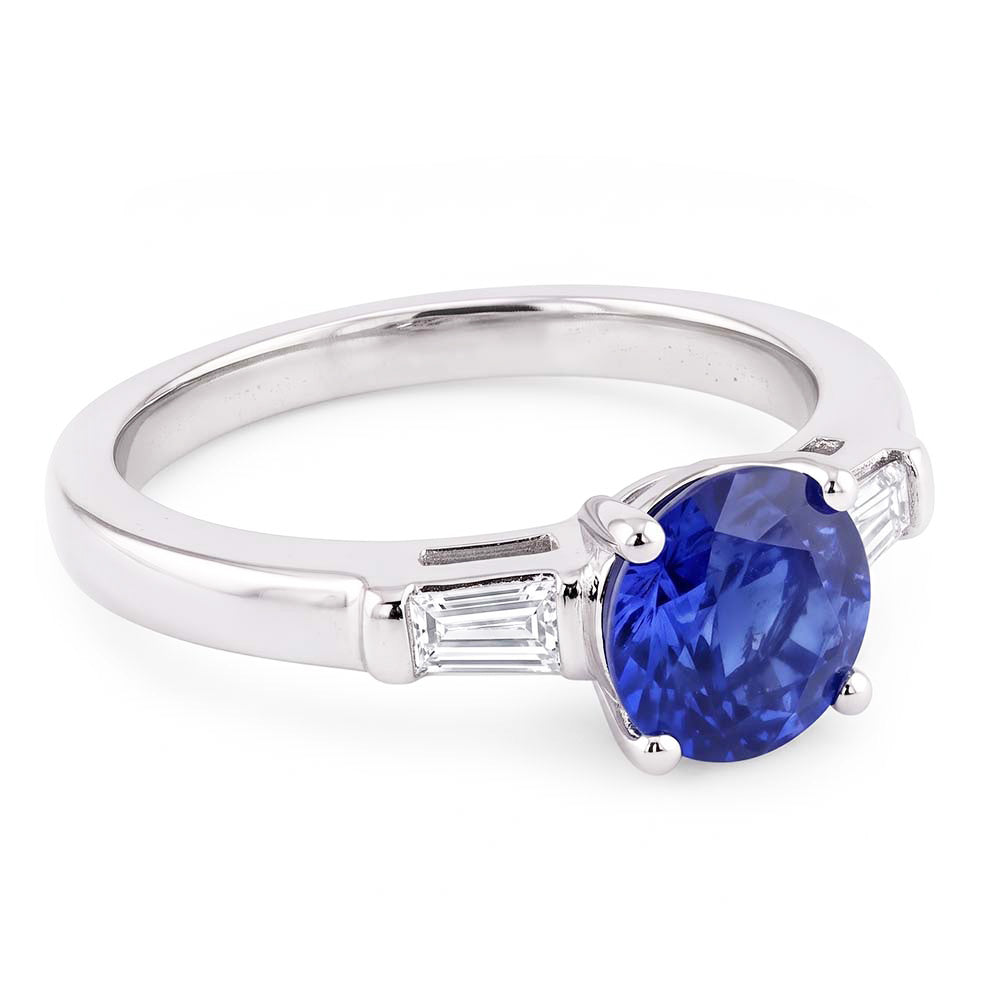 Three Stone Baguette Natural Earth Mined Diamond ( Not Lab Grown ) & Round Blue Sapphire Ring 2.25 Carats