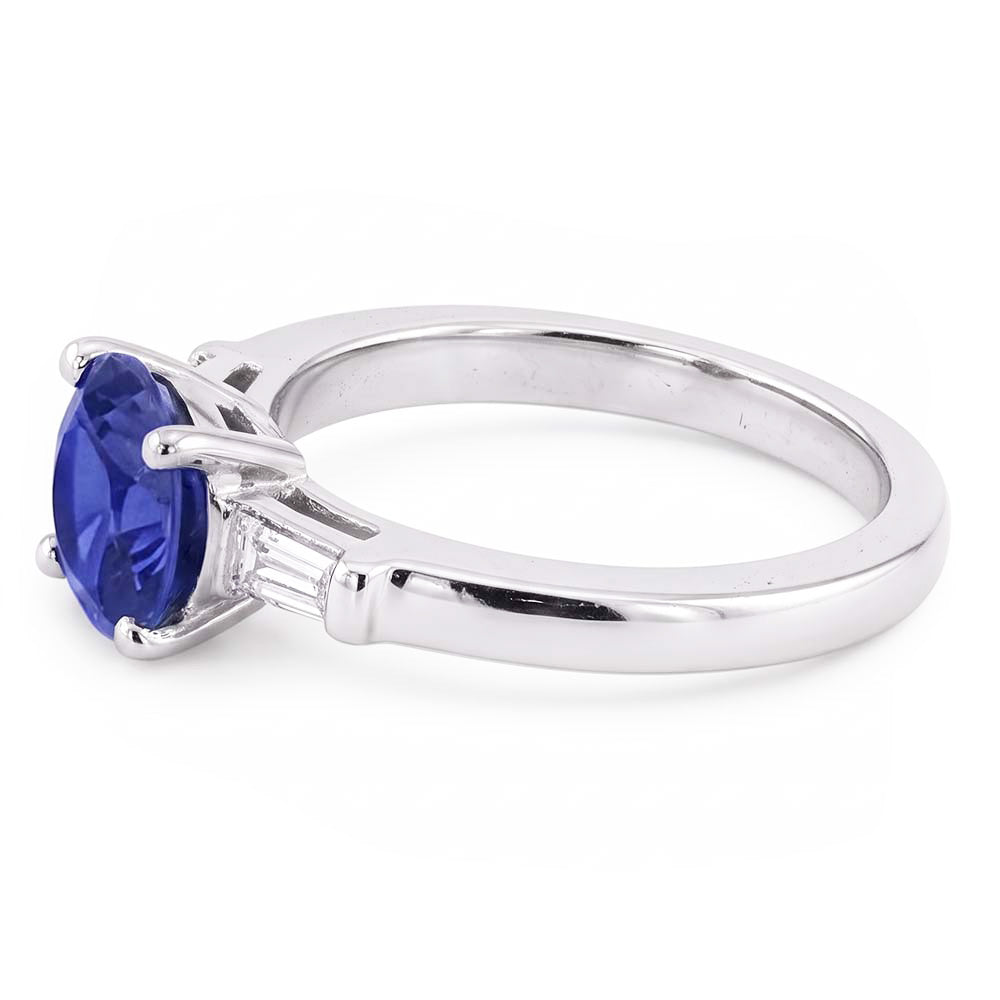 Three Stone Baguette Natural Earth Mined Diamond ( Not Lab Grown ) & Round Blue Sapphire Ring 2.25 Carats