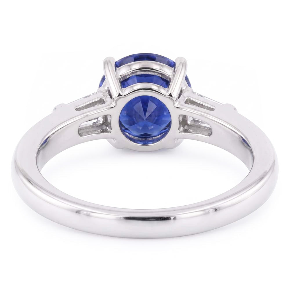 Three Stone Baguette Natural Earth Mined Diamond ( Not Lab Grown ) & Round Blue Sapphire Ring 2.25 Carats