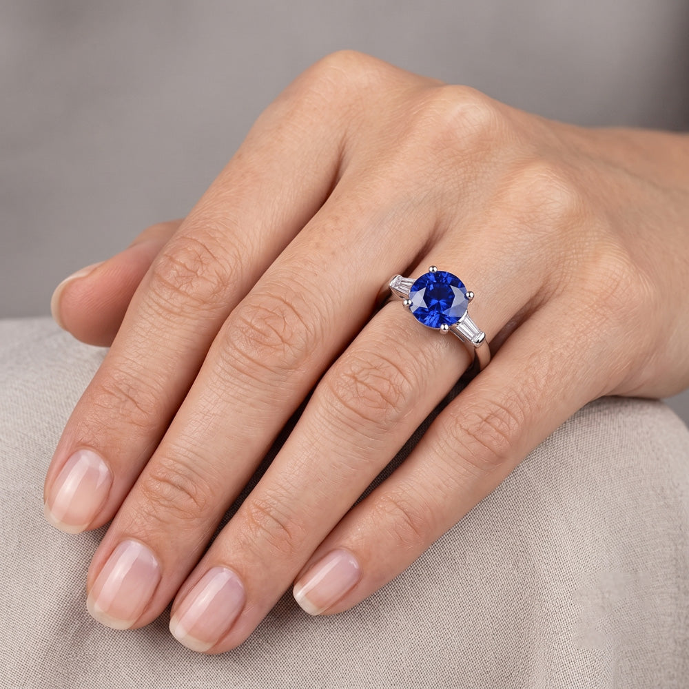 Three Stone Baguette Natural Earth Mined Diamond ( Not Lab Grown ) & Round Blue Sapphire Ring 2.25 Carats