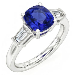 Three Stone Cushion Ceylon Sapphire Ring 2.25 Carats Baguette Natural Earth Mined Diamond ( Not Lab Grown )s