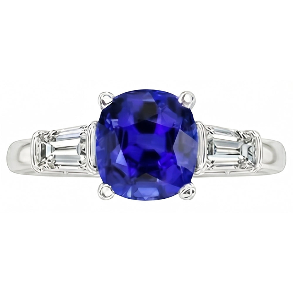 Three Stone Cushion Ceylon Sapphire Ring 2.25 Carats Baguette Natural Earth Mined Diamond ( Not Lab Grown )s