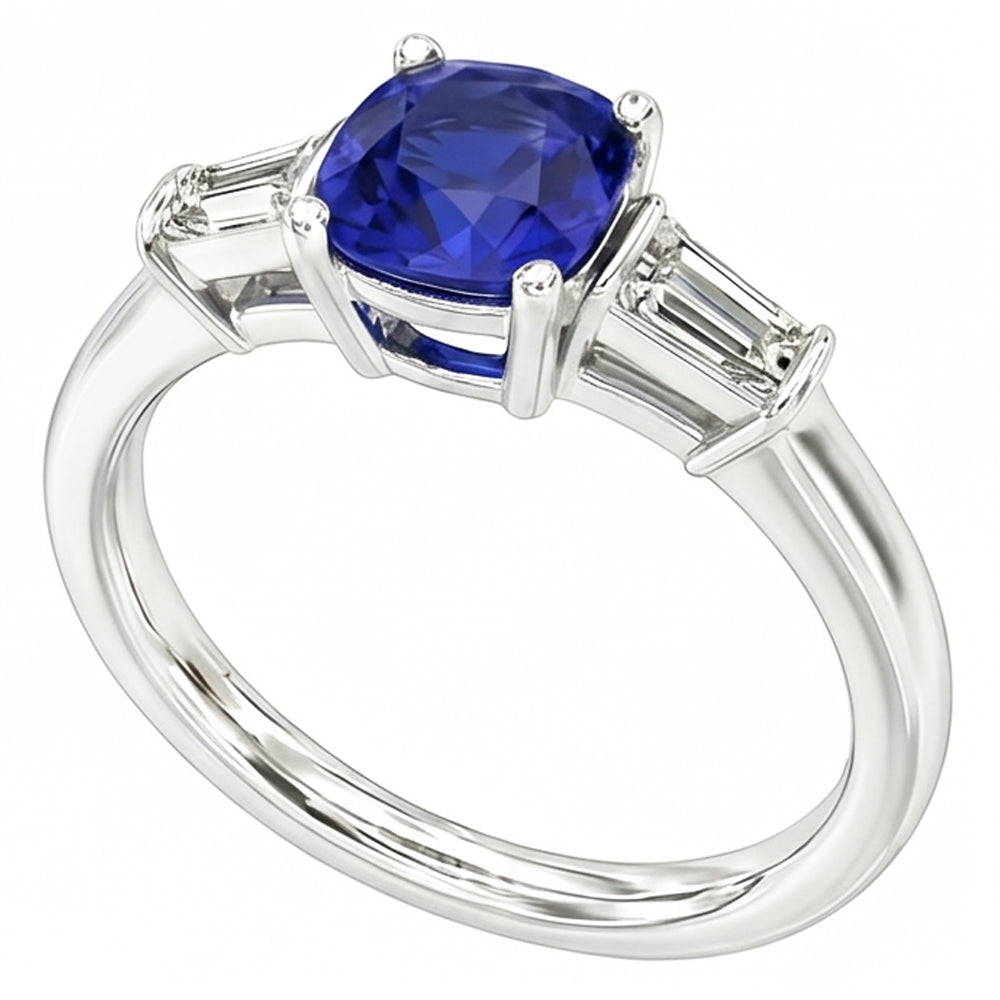 Three Stone Cushion Ceylon Sapphire Ring 2.25 Carats Baguette Natural Earth Mined Diamond ( Not Lab Grown )s