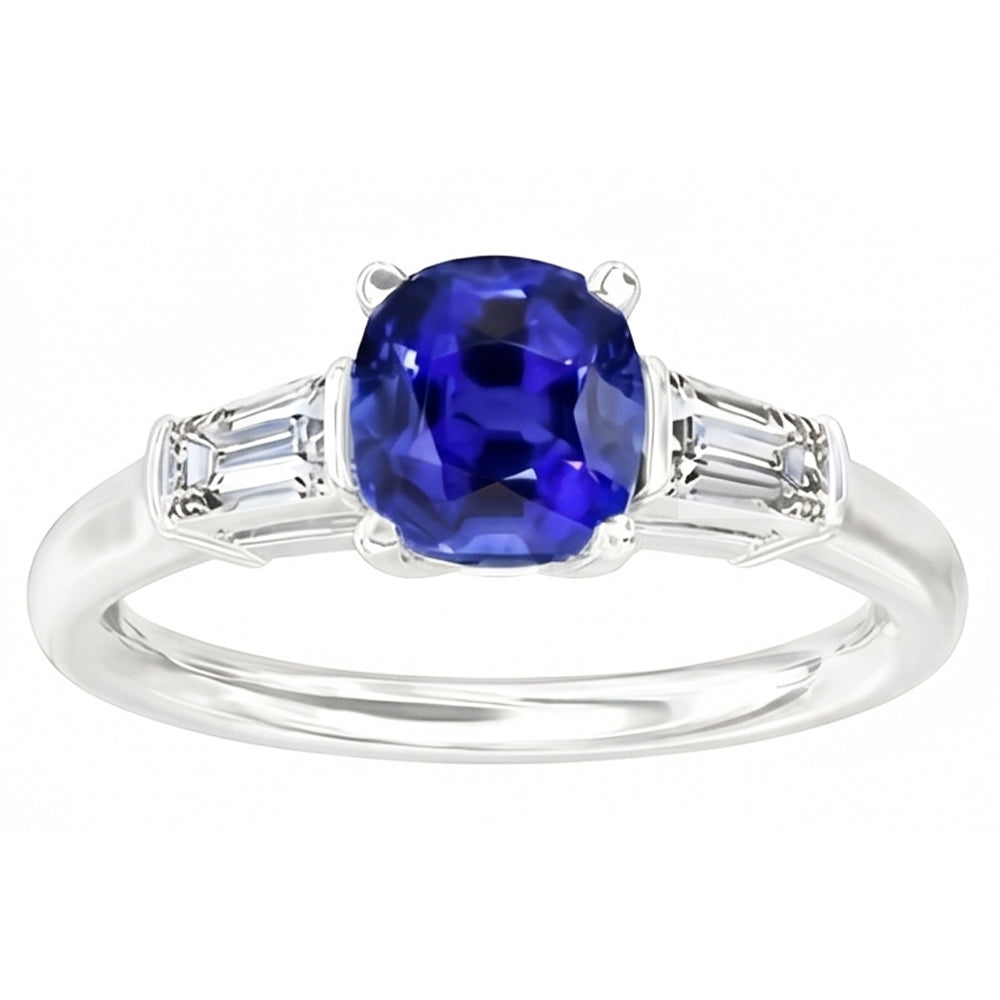 Three Stone Cushion Ceylon Sapphire Ring 2.25 Carats Baguette Natural Earth Mined Diamond ( Not Lab Grown )s