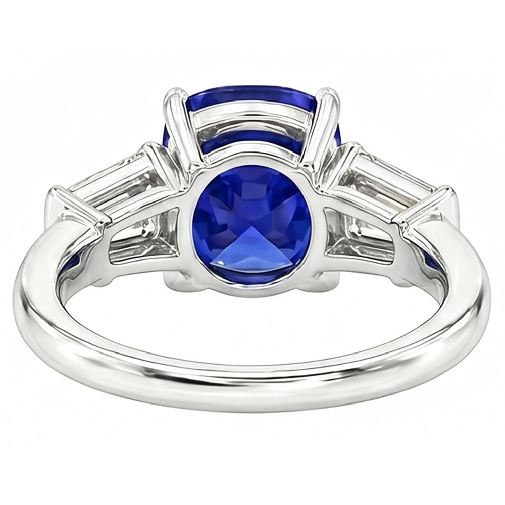 Three Stone Cushion Ceylon Sapphire Ring 2.25 Carats Baguette Natural Earth Mined Diamond ( Not Lab Grown )s