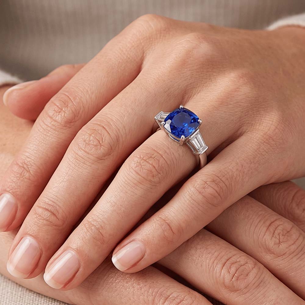 Three Stone Cushion Ceylon Sapphire Ring 2.25 Carats Baguette Natural Earth Mined Diamond ( Not Lab Grown )s