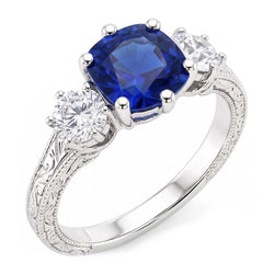 Three Stone Cushion Sapphire Ring Antique Style Natural Earth Mined Diamond ( Not Lab Grown )s 2.50 Carats