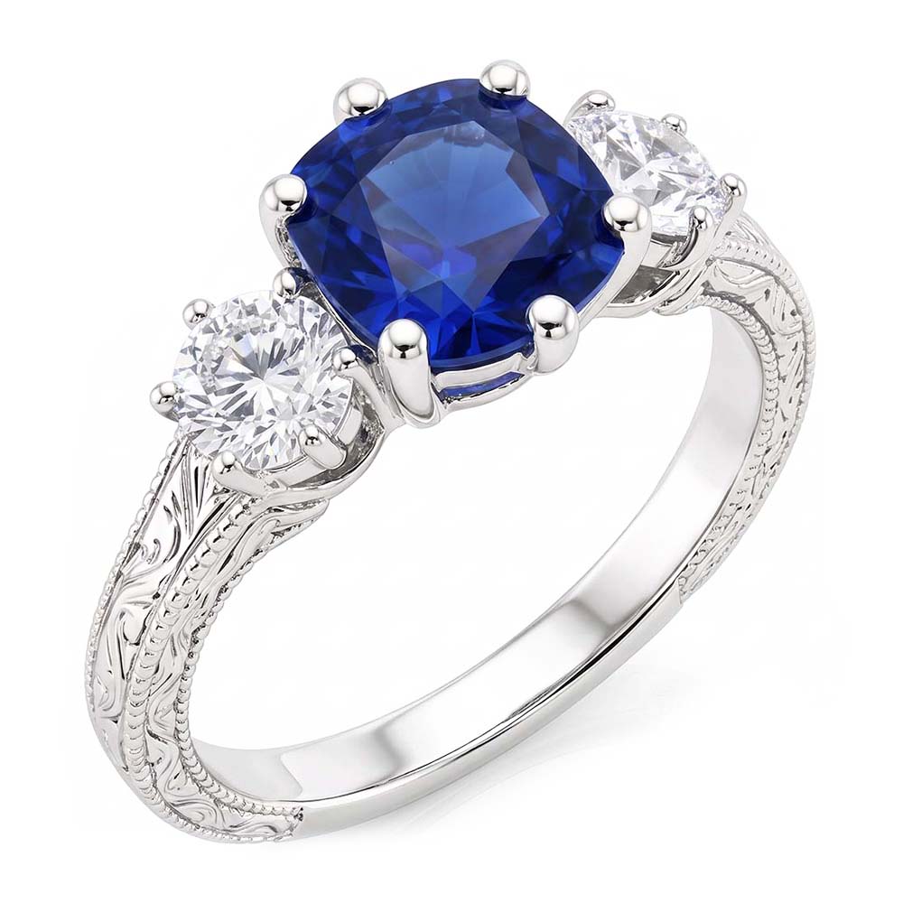 Three Stone Cushion Sapphire Ring Antique Style Natural Earth Mined Diamond ( Not Lab Grown )s 2.50 Carats