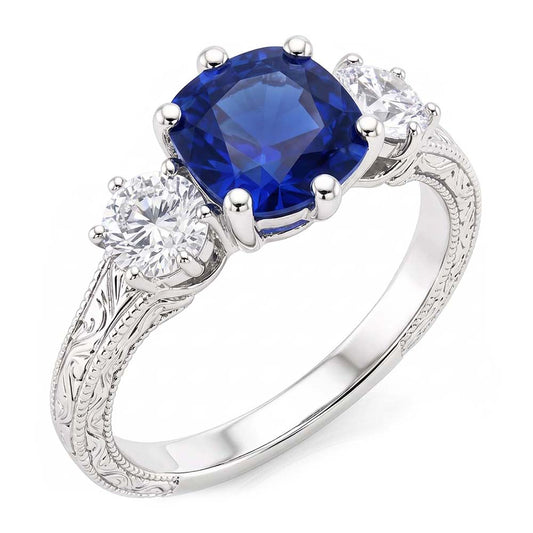 Three Stone Cushion Sapphire Ring Antique Style Natural Earth Mined Diamond ( Not Lab Grown )s 2.50 Carats