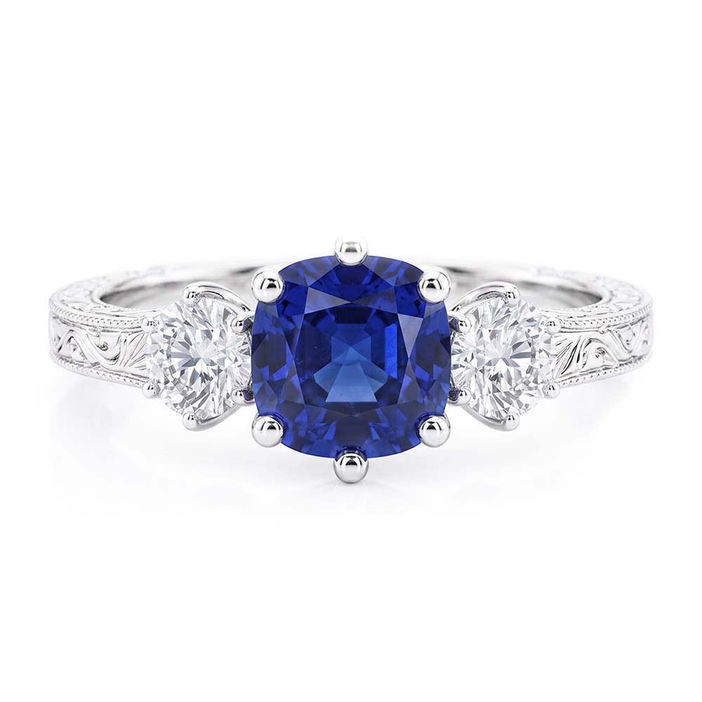 Three Stone Cushion Sapphire Ring Antique Style Natural Earth Mined Diamond ( Not Lab Grown )s 2.50 Carats