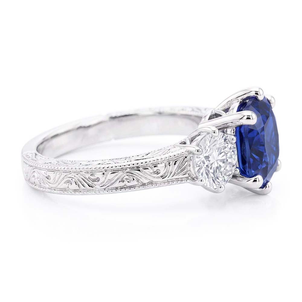 Three Stone Cushion Sapphire Ring Antique Style Natural Earth Mined Diamond ( Not Lab Grown )s 2.50 Carats