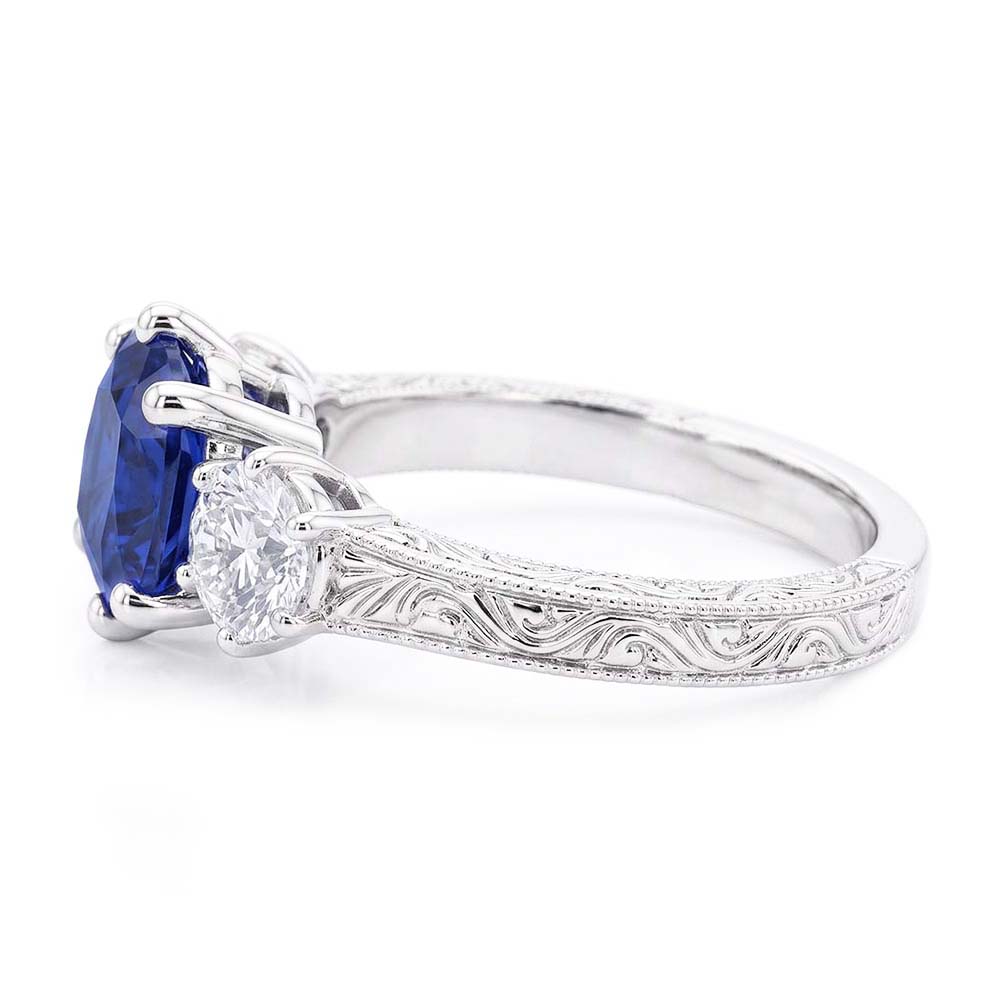 Three Stone Cushion Sapphire Ring Antique Style Natural Earth Mined Diamond ( Not Lab Grown )s 2.50 Carats