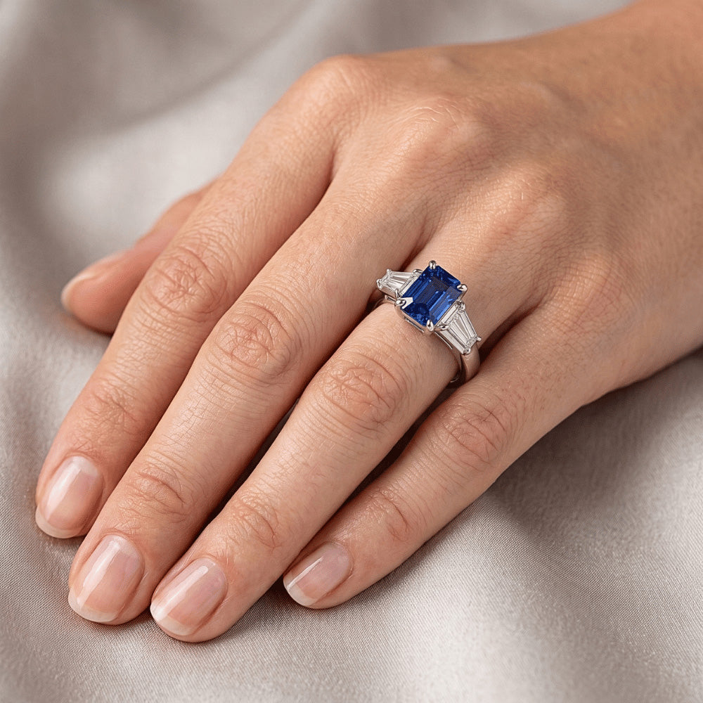 Three Stone Emerald Blue Sapphire Engagement Ring Gold 14K