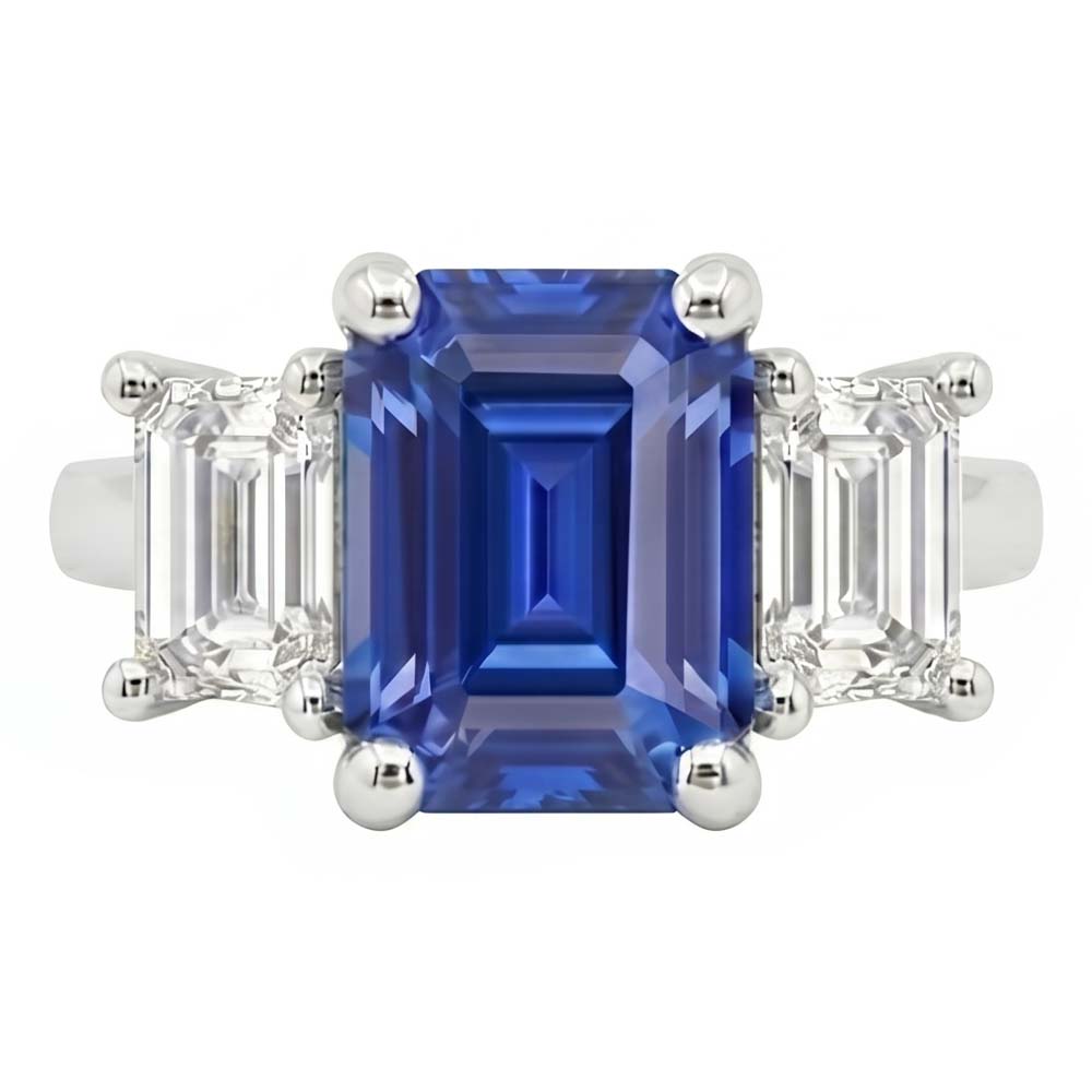 Three Stone Emerald Blue Sapphire & Natural Earth Mined Diamond ( Not Lab Grown ) Ring 2.50 Carats