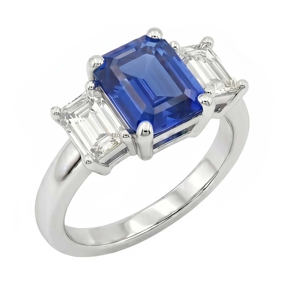 Three Stone Emerald Blue Sapphire & Natural Earth Mined Diamond ( Not Lab Grown ) Ring 2.50 Carats