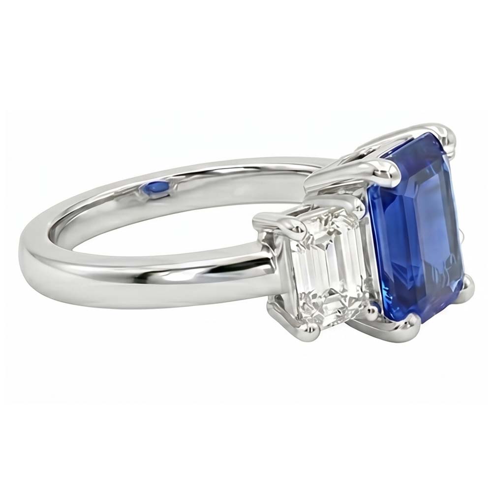 Three Stone Emerald Blue Sapphire & Natural Earth Mined Diamond ( Not Lab Grown ) Ring 2.50 Carats