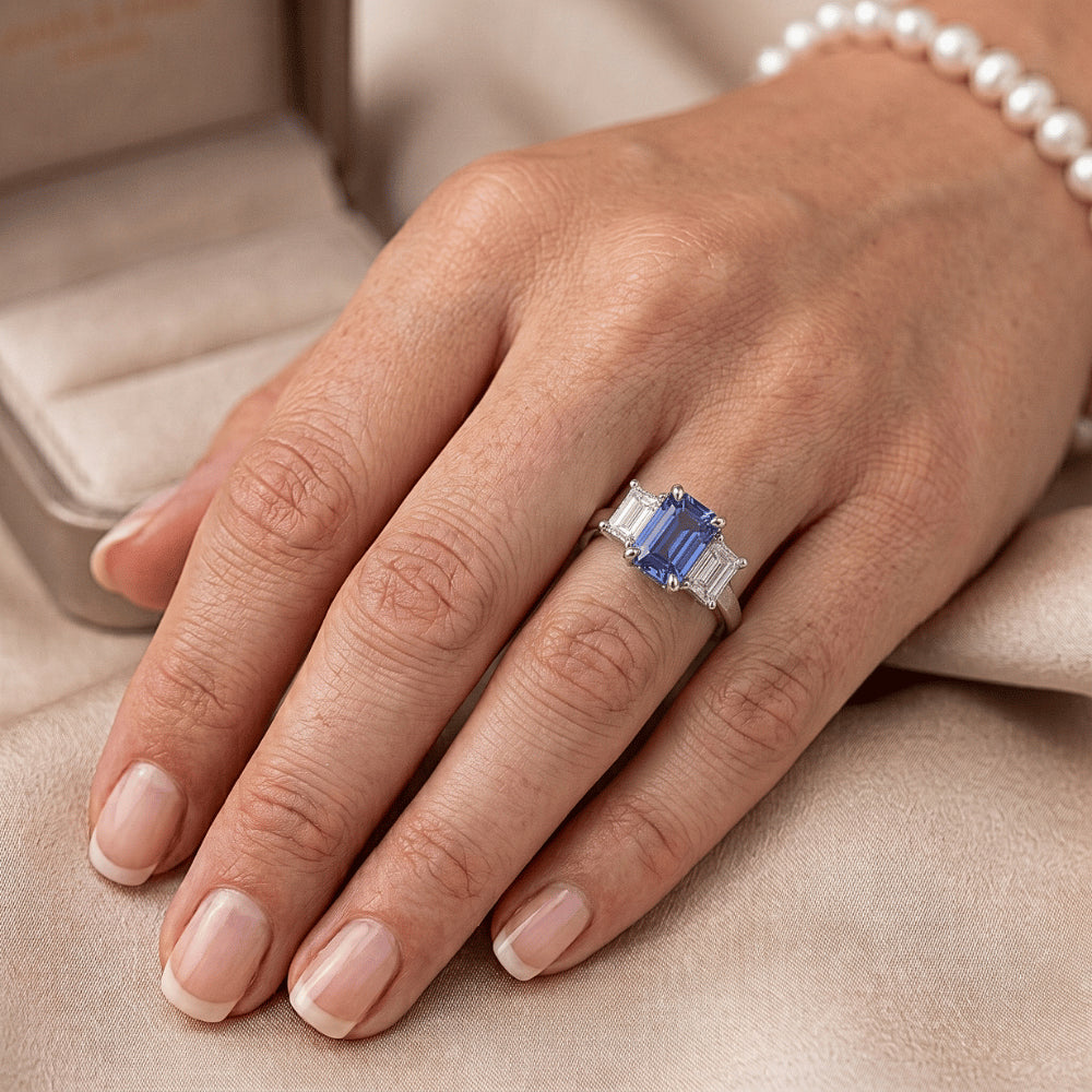 Three Stone Emerald Blue Sapphire & Natural Earth Mined Diamond ( Not Lab Grown ) Ring 2.50 Carats