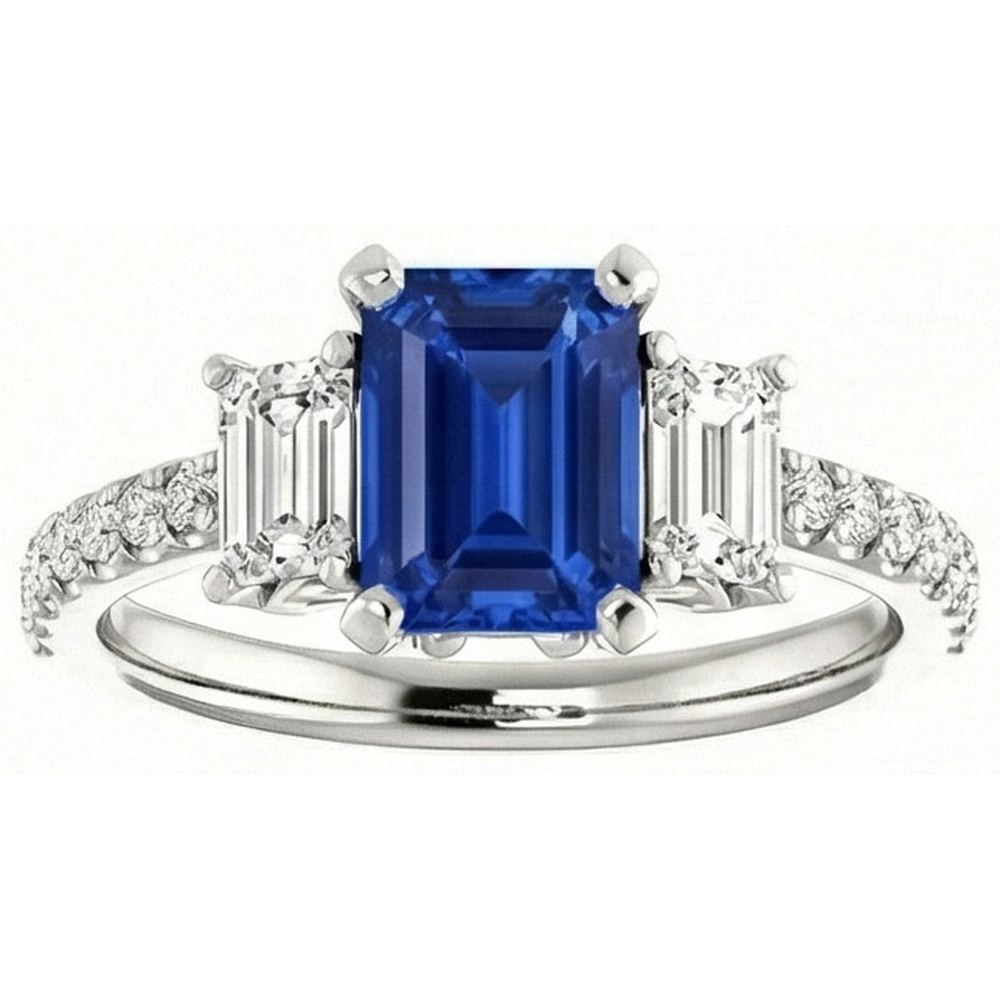 Three Stone Emerald Sapphire Ring With Accented Natural Earth Mined Diamond ( Not Lab Grown )s 3.50 Carats