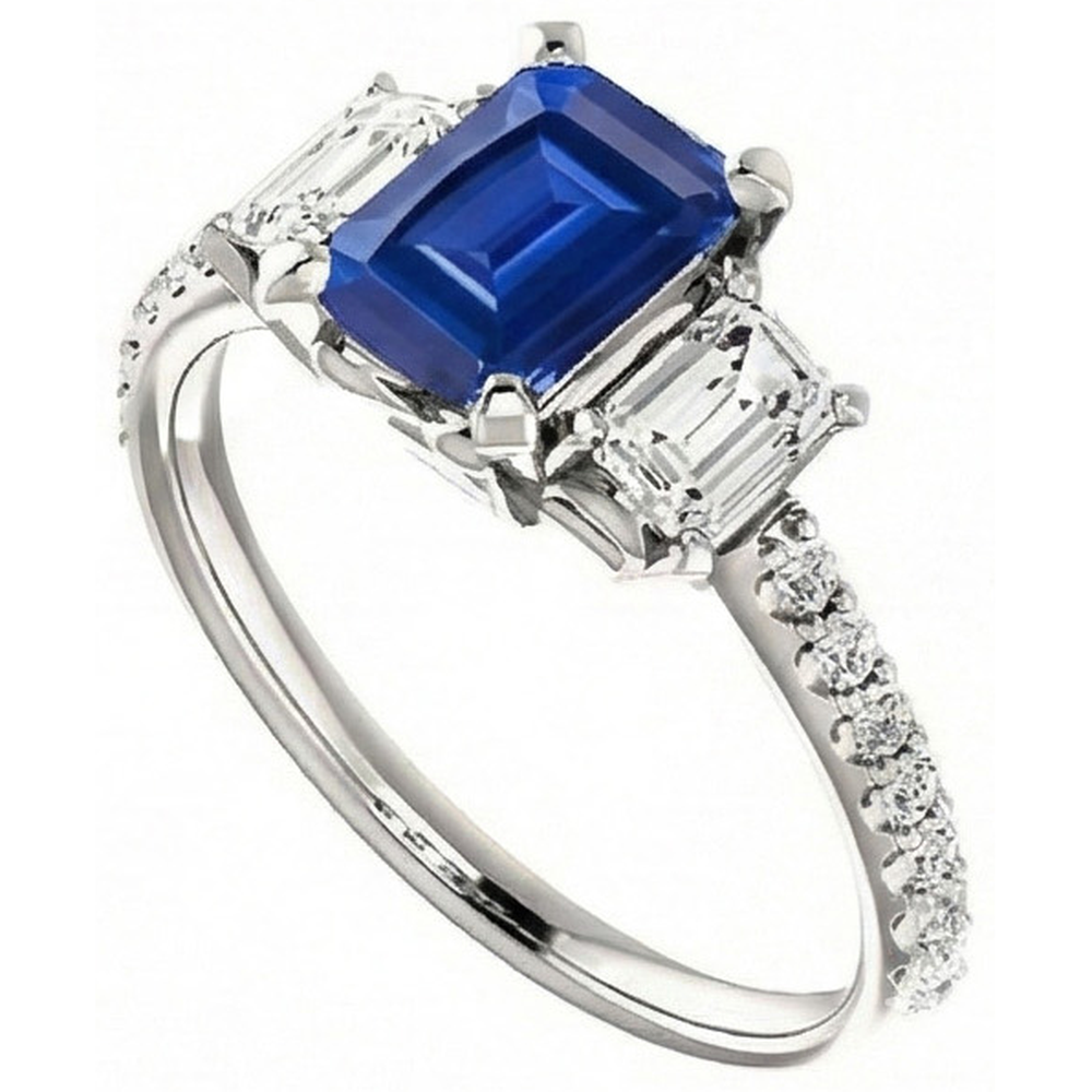 Three Stone Emerald Sapphire Ring With Accented Natural Earth Mined Diamond ( Not Lab Grown )s 3.50 Carats
