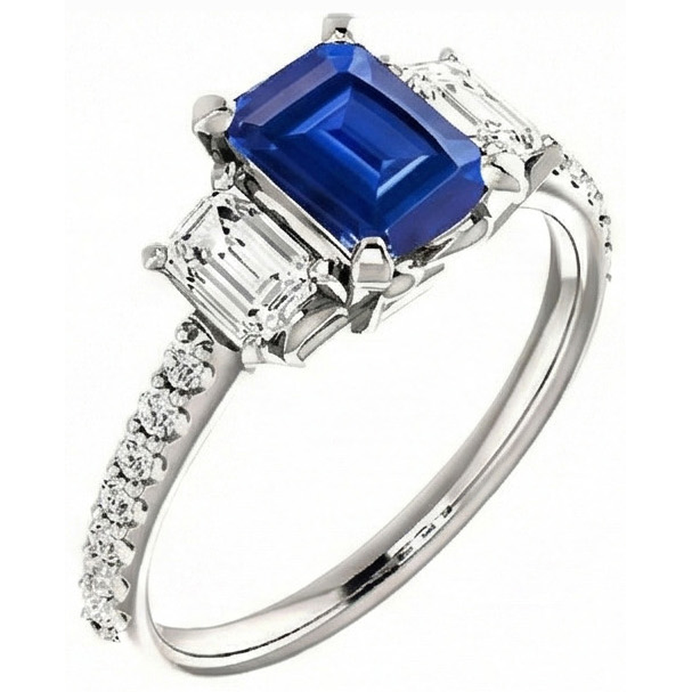 Three Stone Emerald Sapphire Ring With Accented Natural Earth Mined Diamond ( Not Lab Grown )s 3.50 Carats