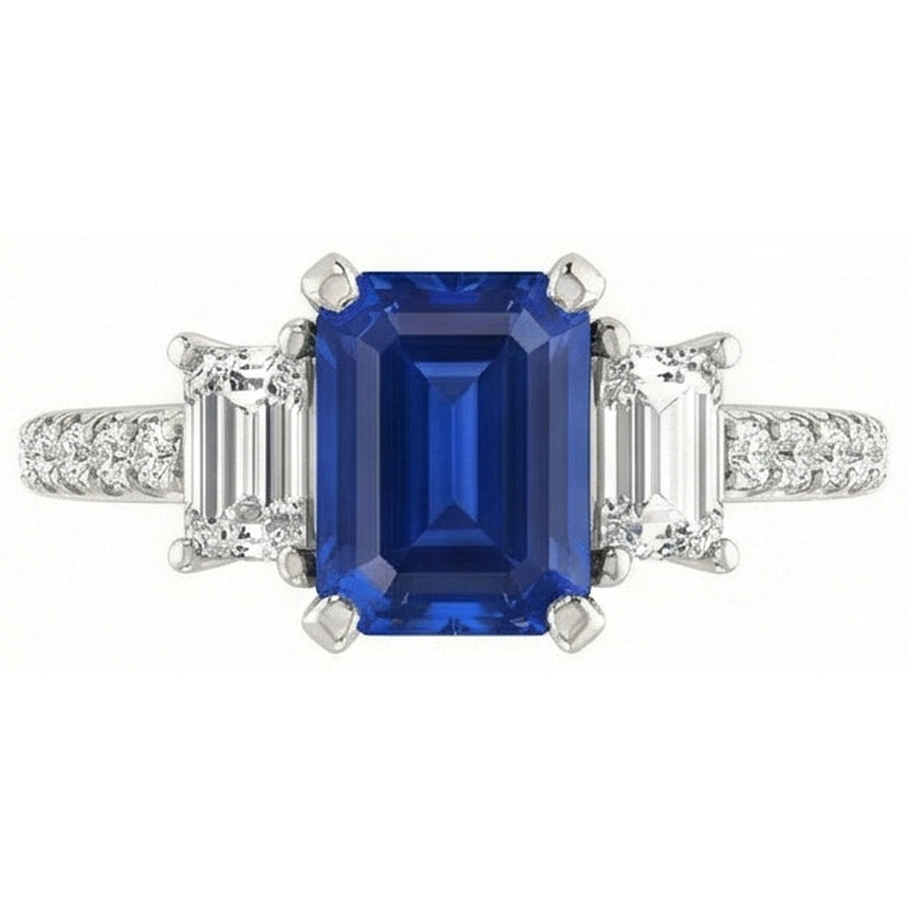 Three Stone Emerald Sapphire Ring With Accented Natural Earth Mined Diamond ( Not Lab Grown )s 3.50 Carats
