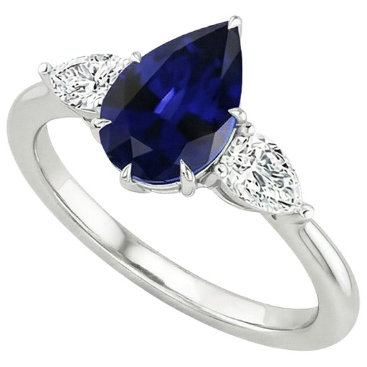 Three Stone Gold Pear Cut Ceylon Color Sapphire & IGI CERTIFIED Diamond Ring 6.75 Carats