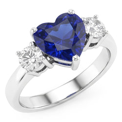 Three Stone Heart Blue Sapphire Ring & Round Natural Earth Mined Diamond ( Not Lab Grown )s 2.50 Carats