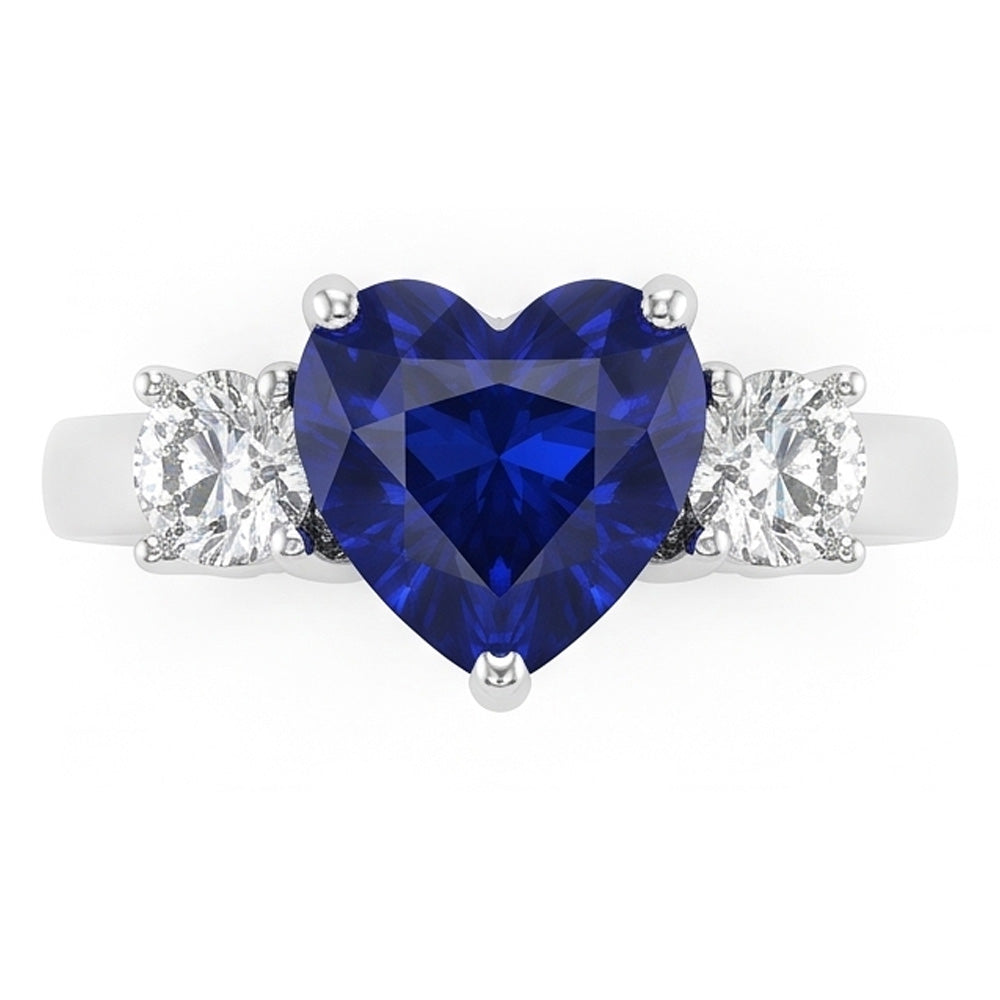 Three Stone Heart Blue Sapphire Ring & Round Natural Earth Mined Diamond ( Not Lab Grown )s 2.50 Carats