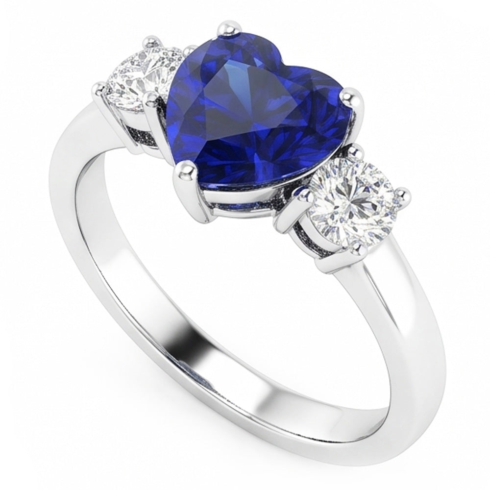 Three Stone Heart Blue Sapphire Ring & Round Natural Earth Mined Diamond ( Not Lab Grown )s 2.50 Carats