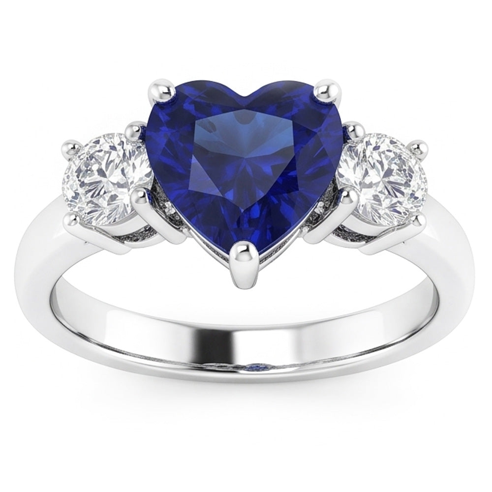 Three Stone Heart Blue Sapphire Ring & Round Natural Earth Mined Diamond ( Not Lab Grown )s 2.50 Carats