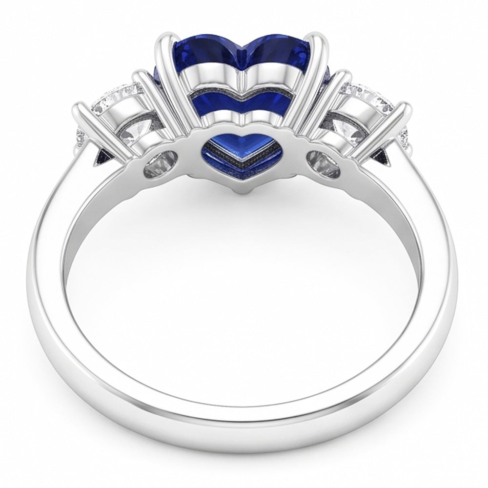 Three Stone Heart Blue Sapphire Ring & Round Natural Earth Mined Diamond ( Not Lab Grown )s 2.50 Carats