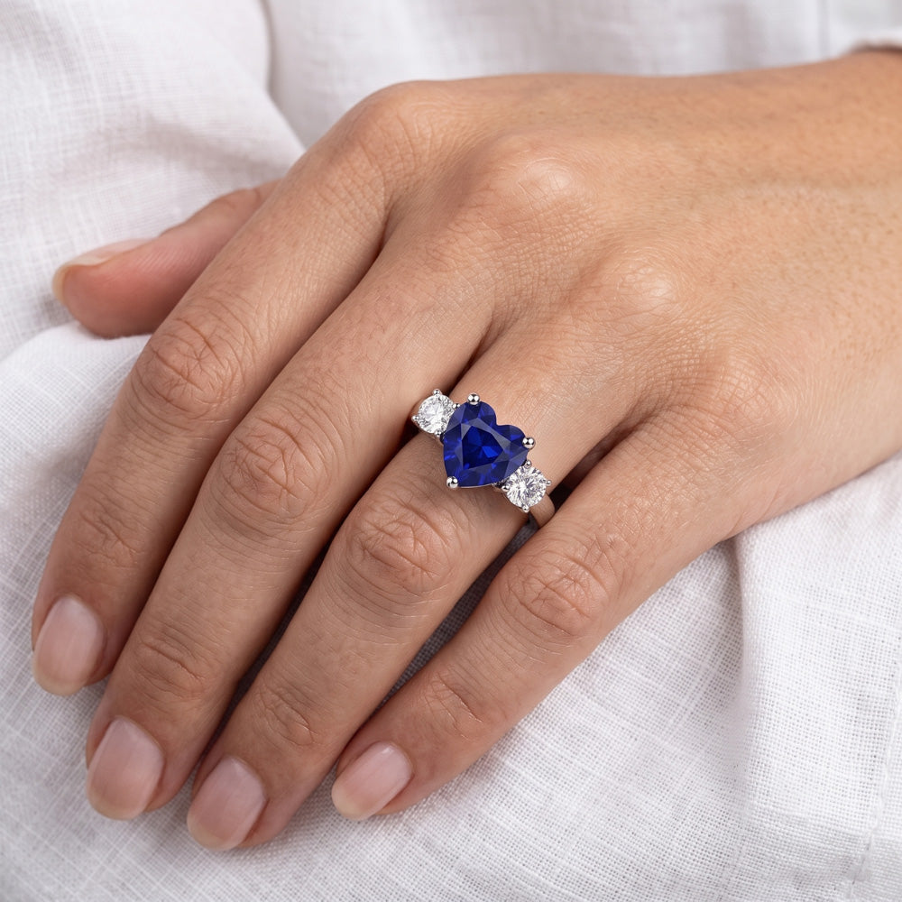 Three Stone Heart Blue Sapphire Ring & Round Natural Earth Mined Diamond ( Not Lab Grown )s 2.50 Carats