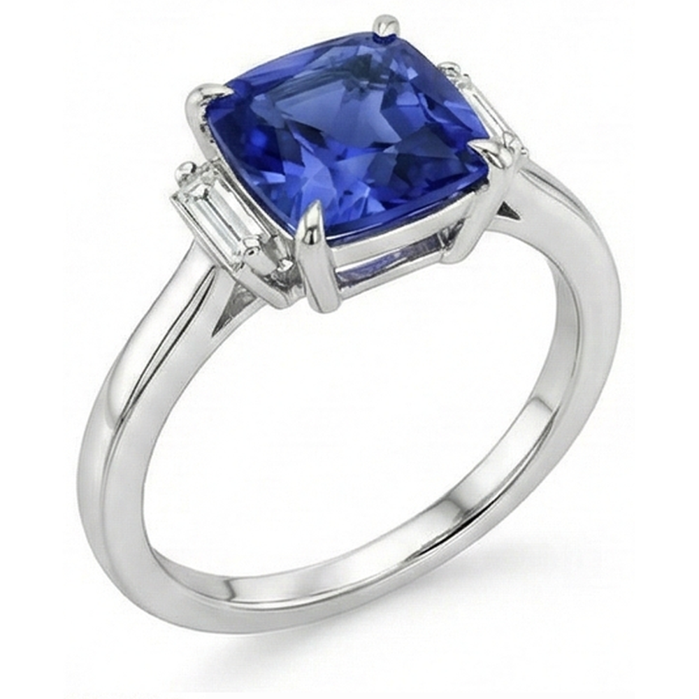 Three Stone Natural Earth Mined Diamond ( Not Lab Grown ) Blue Sapphire Ring 3.25 Carats White Gold