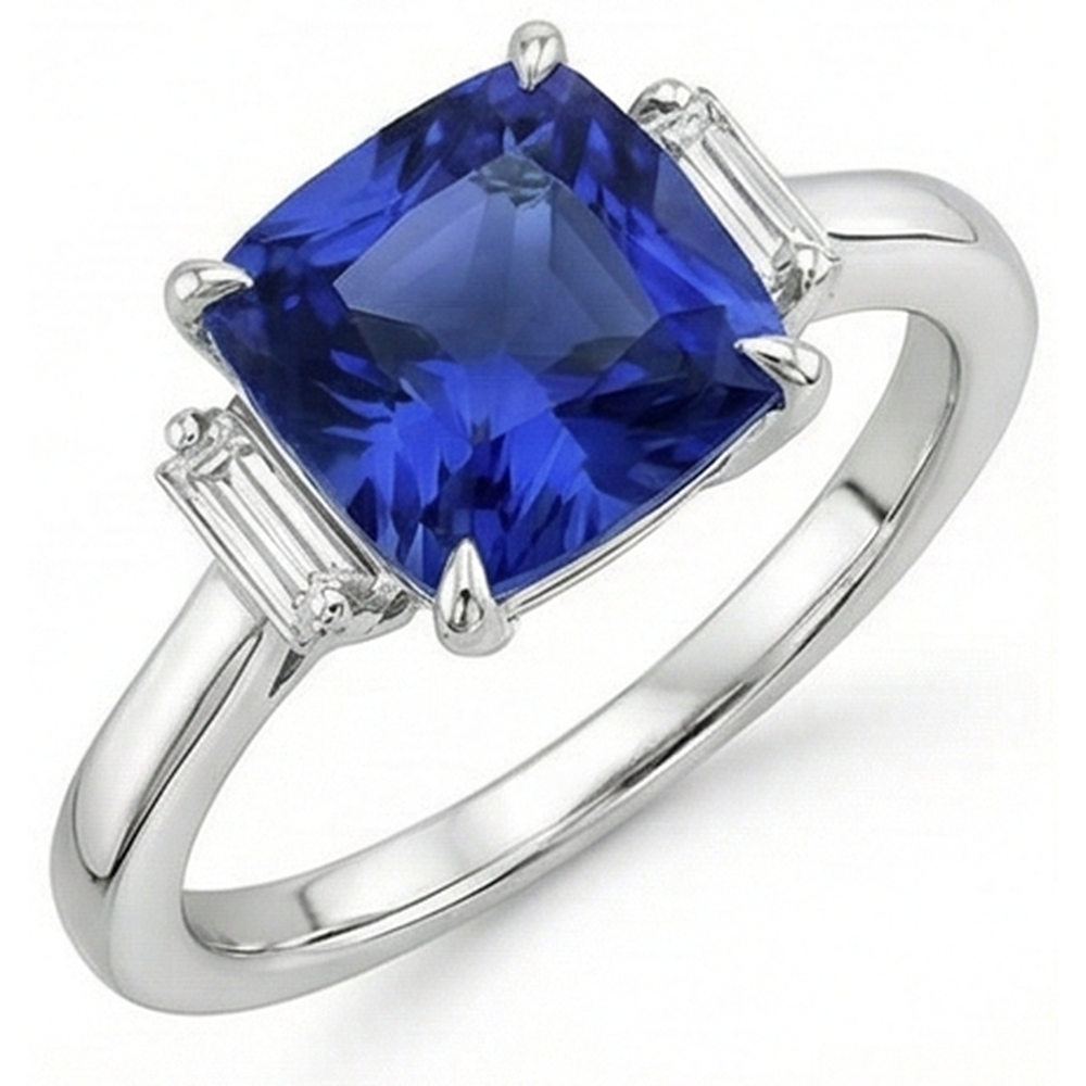 Three Stone Natural Earth Mined Diamond ( Not Lab Grown ) Blue Sapphire Ring 3.25 Carats White Gold