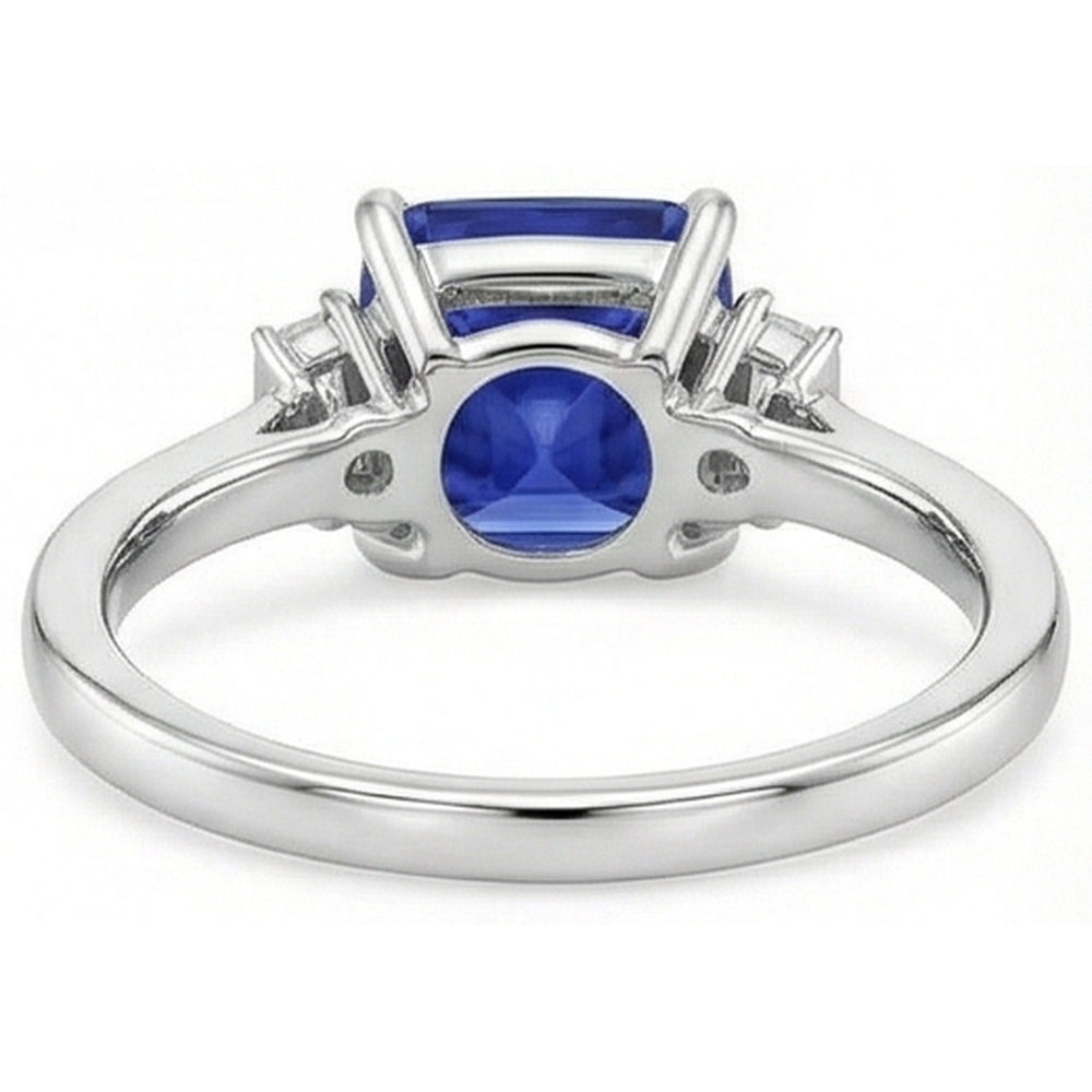 Three Stone Natural Earth Mined Diamond ( Not Lab Grown ) Blue Sapphire Ring 3.25 Carats White Gold