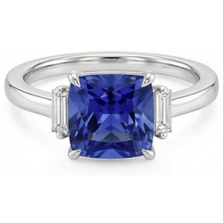 Three Stone Natural Earth Mined Diamond ( Not Lab Grown ) Blue Sapphire Ring 3.25 Carats White Gold