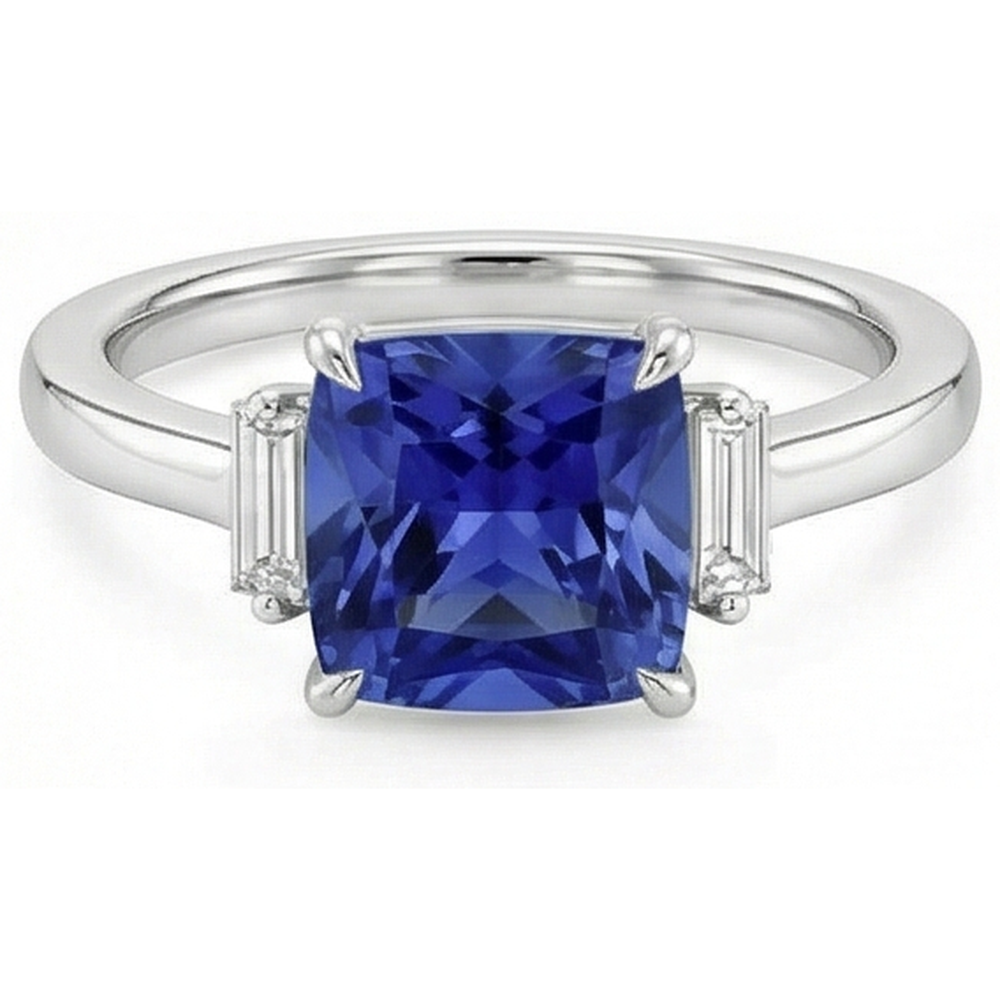 Three Stone Natural Earth Mined Diamond ( Not Lab Grown ) Blue Sapphire Ring 3.25 Carats White Gold