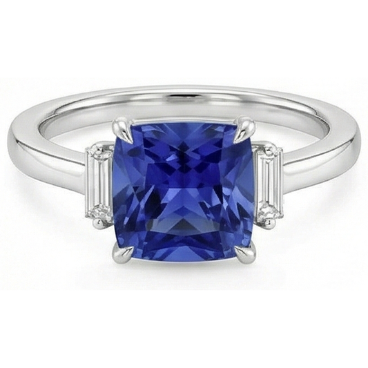 Three Stone Natural Earth Mined Diamond ( Not Lab Grown ) Blue Sapphire Ring 3.25 Carats White Gold