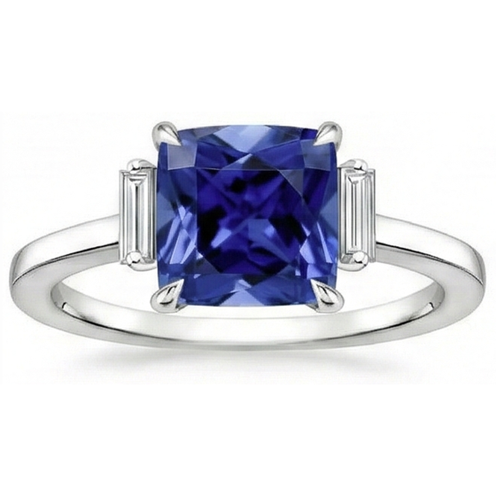 Three Stone Natural Earth Mined Diamond ( Not Lab Grown ) Blue Sapphire Ring 3.25 Carats White Gold