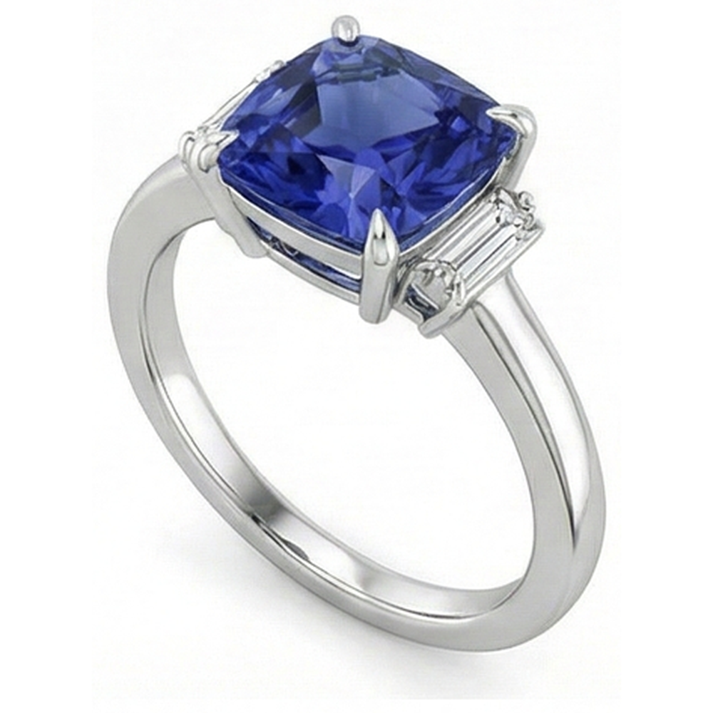 Three Stone Natural Earth Mined Diamond ( Not Lab Grown ) Blue Sapphire Ring 3.25 Carats White Gold