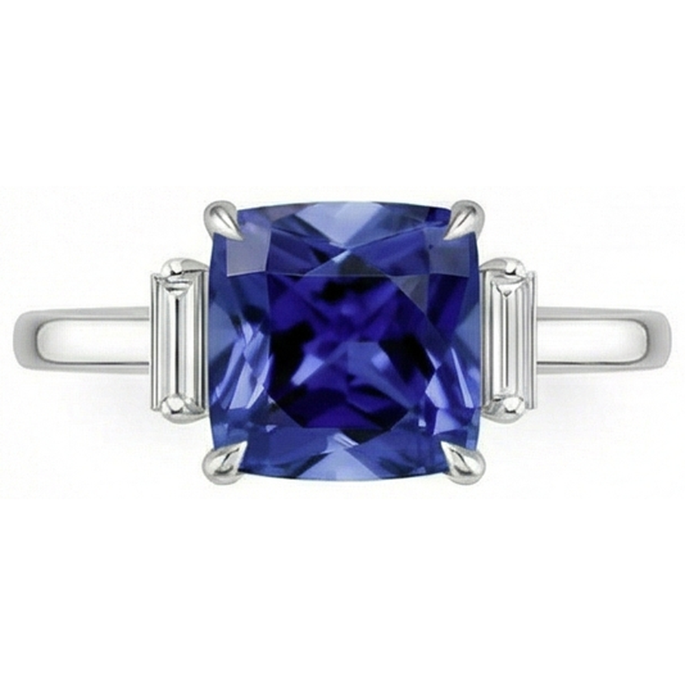 Three Stone Natural Earth Mined Diamond ( Not Lab Grown ) Blue Sapphire Ring 3.25 Carats White Gold
