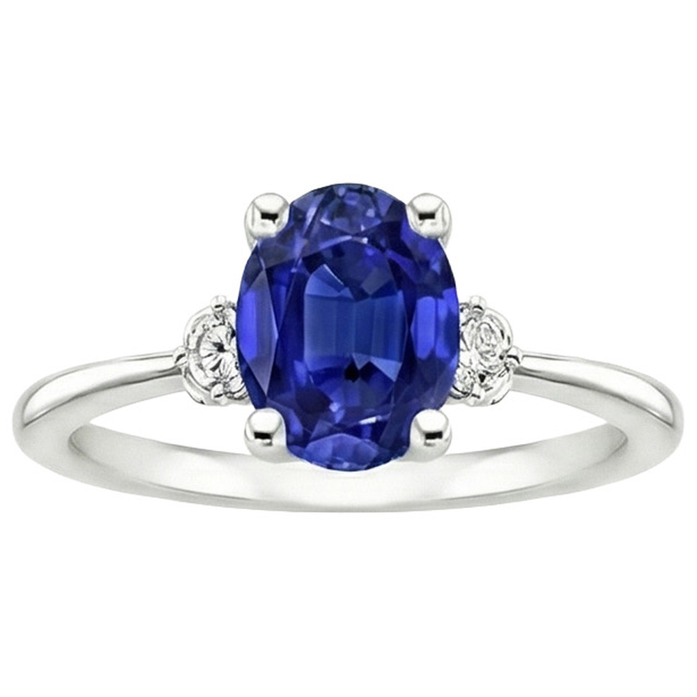 Three Stone Natural Earth Mined Diamond ( Not Lab Grown ) & Oval Ceylon Sapphire Ring 3.50 Carats White Gold